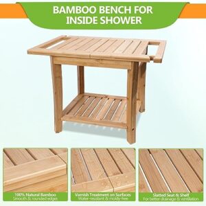 Purbambo Bamboo Shower Bench for Inside Shower Shaving Legs, Waterproof Bathroom Shower Stool with Storage Shelf, Shower Head Holder, Bath Towel Holder, Safe & Stable for The Elder, The Disabled