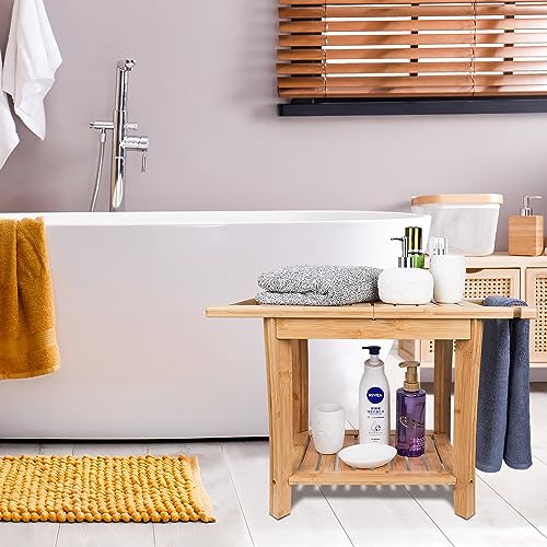 Purbambo Bamboo Shower Bench for Inside Shower Shaving Legs, Waterproof Bathroom Shower Stool with Storage Shelf, Shower Head Holder, Bath Towel Holder, Safe & Stable for The Elder, The Disabled