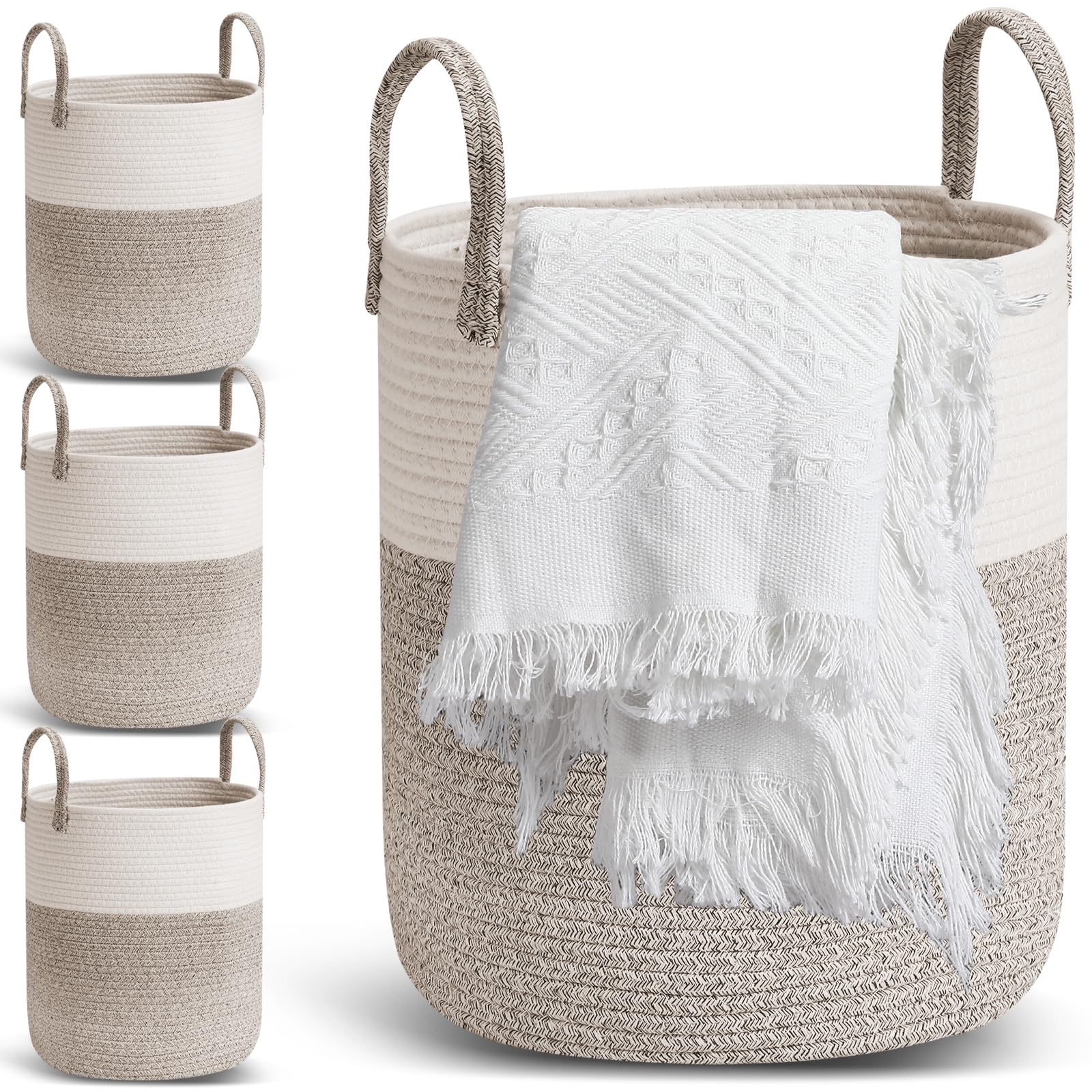 Tanlade 4 Pcs Blanket Basket Tall Woven Rope Laundry Basket 13.7 x 15.7 Inch Baby Nursery Laundry Hamper with Handle for Clothes Towels Toys Storage Hamper Basket for Bathroom Living Room (Brown)