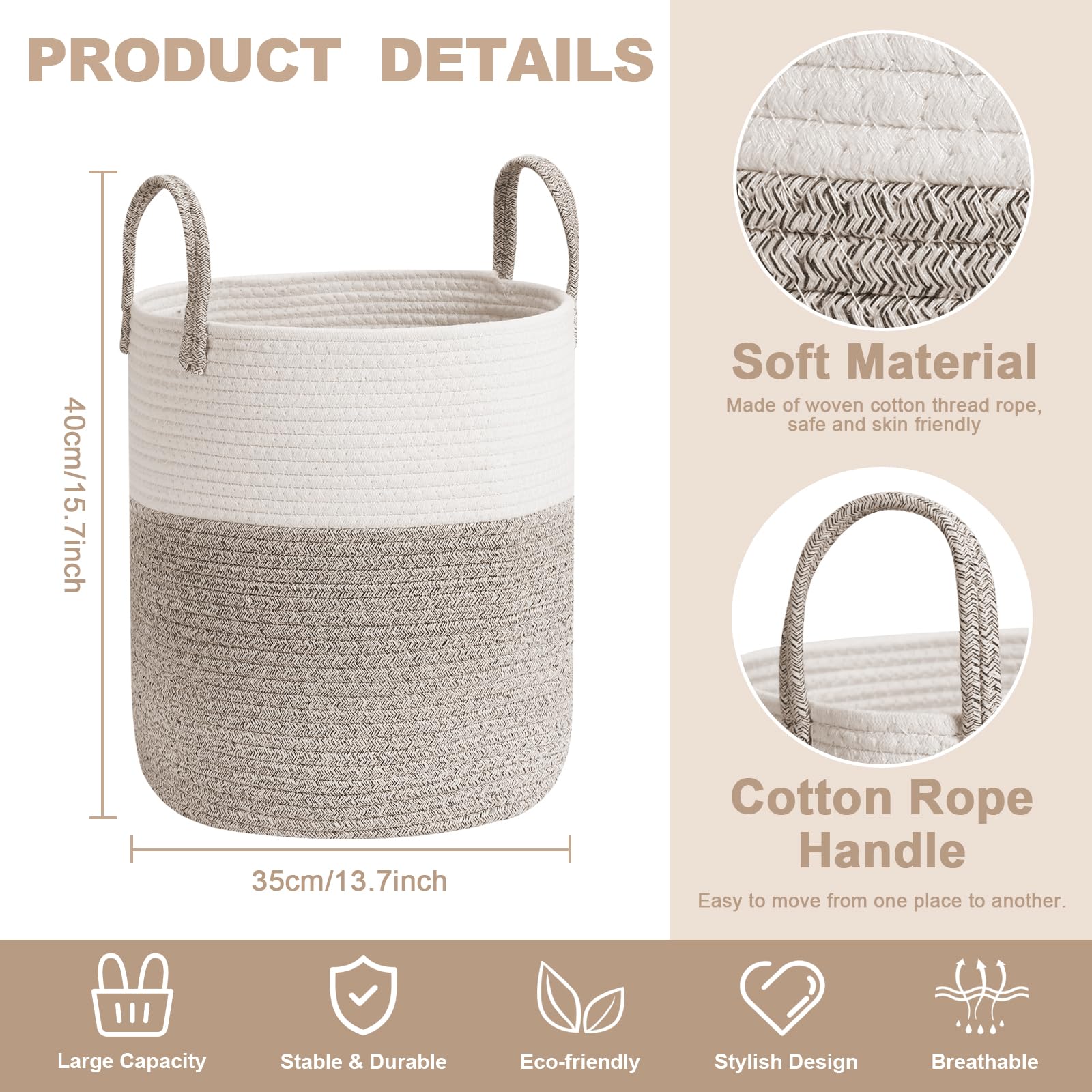 Tanlade 4 Pcs Blanket Basket Tall Woven Rope Laundry Basket 13.7 x 15.7 Inch Baby Nursery Laundry Hamper with Handle for Clothes Towels Toys Storage Hamper Basket for Bathroom Living Room (Brown)