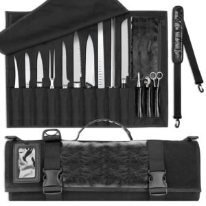 swisselite chef knife roll bag, heavy duty canvas & leather chef knife bag, 10 slots for knives with detachable storage bag