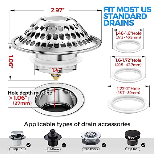 zaa Drain Hair Catcher 2in1 Bathtub Stopper with Pop-up Bathtub Drain Plug Anti-Clogged Universal Tub Stopper Cover with Detachable Filter, 304 Stainless Steel & Brass for 1.46-2" W Hole