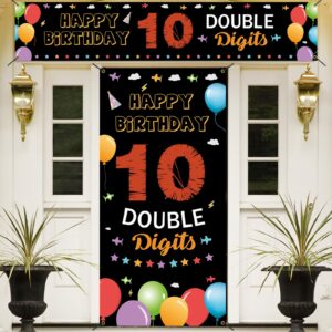 10th birthday banner backdrop decorations kit, happy 10th birthday decorations for boys girls, double digits 10 year old birthday party door yard sign photo props for outdoor indoor, fabric vicycaty