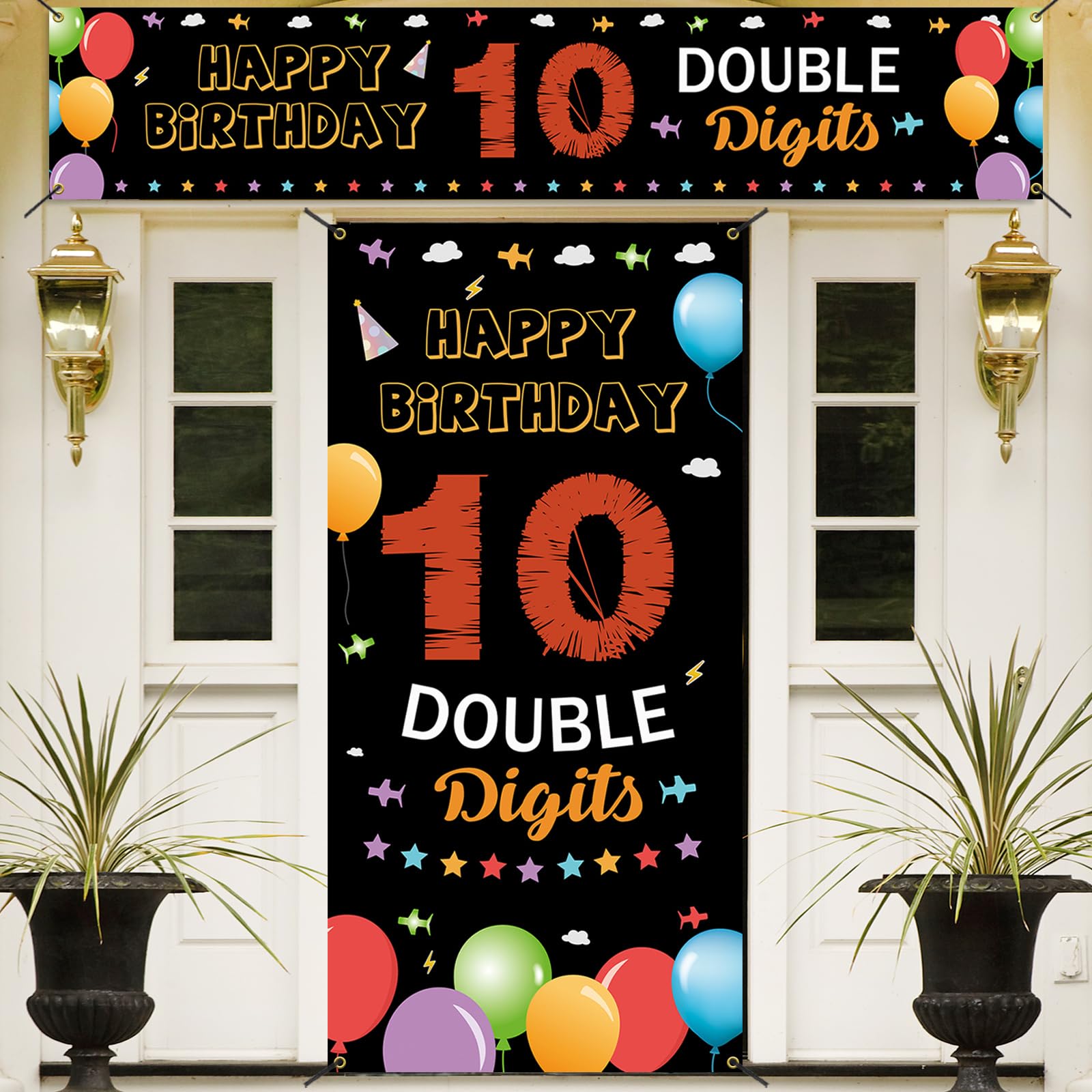 10th Birthday Banner Backdrop Decorations Kit, Happy 10th Birthday Decorations for Boys Girls, Double Digits 10 Year Old Birthday Party Door Yard Sign Photo Props for Outdoor Indoor, Fabric Vicycaty