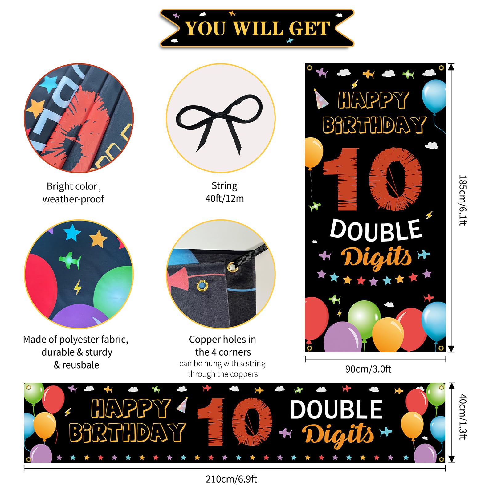 10th Birthday Banner Backdrop Decorations Kit, Happy 10th Birthday Decorations for Boys Girls, Double Digits 10 Year Old Birthday Party Door Yard Sign Photo Props for Outdoor Indoor, Fabric Vicycaty