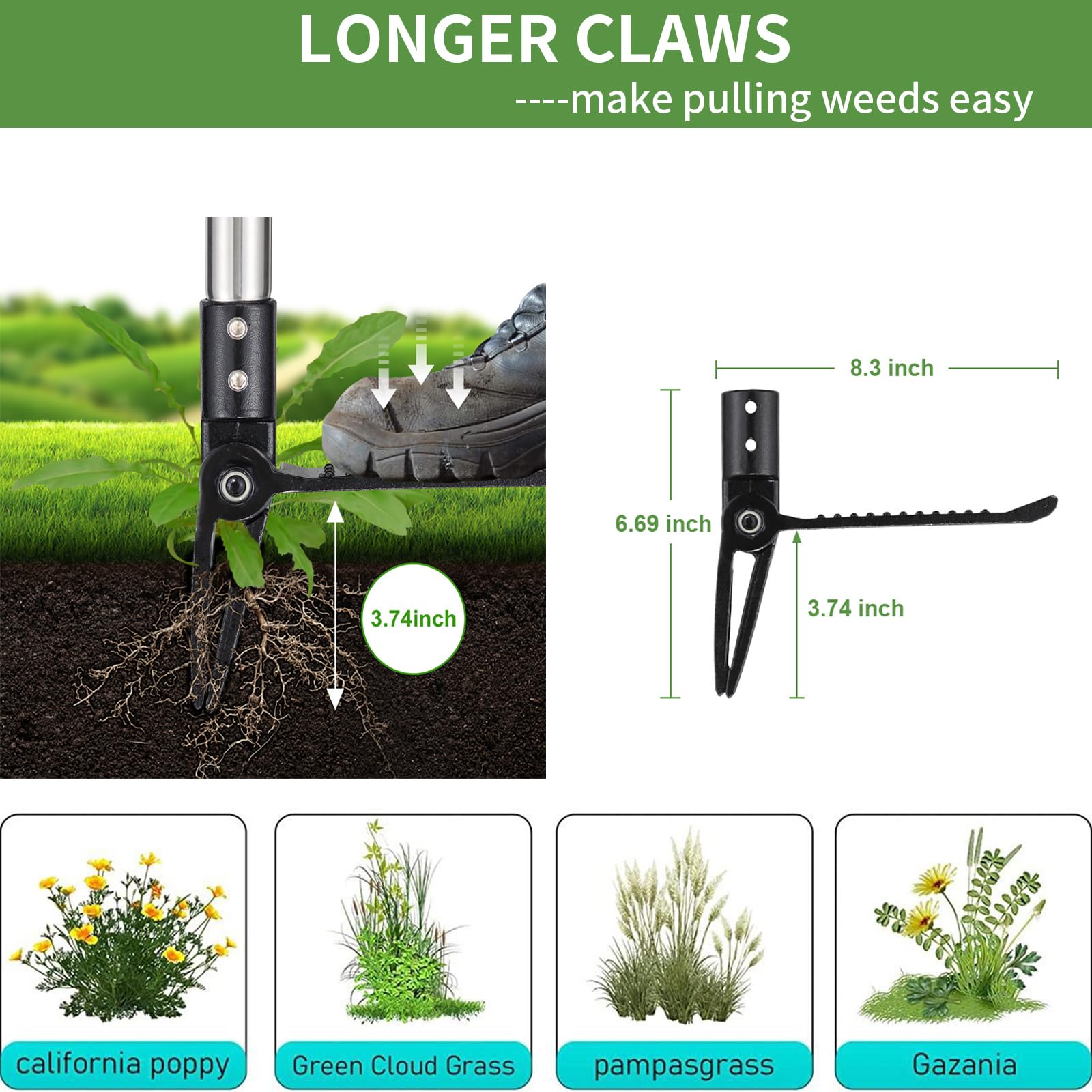 CALCHELE Weed Puller Tool,64 inch Adjustable Stand Up Weed Puller Long Handle,Stand Dandelion Digger Puller, Ergonomic Standing Weeding Puller Tool Weed Picker for Garden Lawn Farmland Yard
