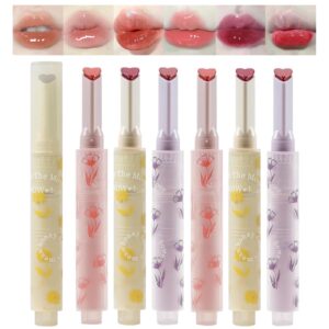 domality 6pcs flower jelly lipstick set, 6 colors heart shape moisturizing lip glaze, glossy hydrating lip gloss, mirror effect lip balm makeup pen for fuller lips