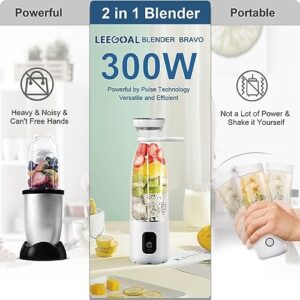 Leegoal Portable Blender, 300W Personal Blender for Shakes and Smoothies High Speed Ice Blender for Kitchen 6000mAh Cordless Travel Mini Blender Bravo 20oz Cup to go (White, Travel Kit)