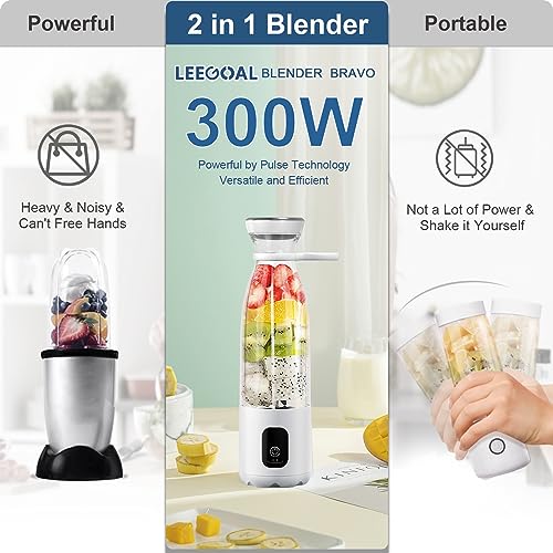 Leegoal Portable Blender, 300W Personal Blender for Shakes and Smoothies High Speed Ice Blender for Kitchen 6000mAh Cordless Travel Mini Blender Bravo 20oz Cup to go (White, Travel Kit)