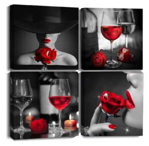 adbykgto red rose wine glasses wall art canvas decor 12x12 4 pieces framed for bedroom decor modern red and black rose women with hat painting kitchen pictures home decor