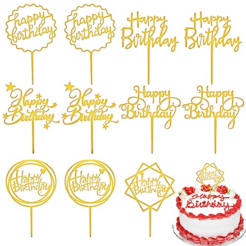 12PCS Acrylic Happy Birthday Cake Topper Gold Happy Birthday Topper Double-Sided Happy Birthday Cake Topper Gold Cake Inserts Cupcake Toppers For Birthday Party Cake Pastries Diy Decorations