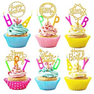 12PCS Acrylic Happy Birthday Cake Topper Gold Happy Birthday Topper Double-Sided Happy Birthday Cake Topper Gold Cake Inserts Cupcake Toppers For Birthday Party Cake Pastries Diy Decorations