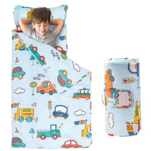 fainsy nap mat for preschool, 50x20 inch (ages 3-5), 100% cotton fabric, daycare prek pre-k kindergarten with pillow and blanket, sleeping mat slumber bag for toddler kids boy girl (beep car)