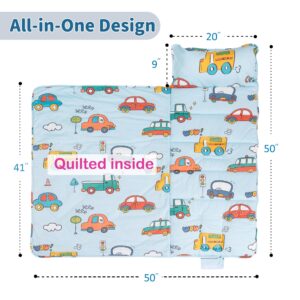 FAINSY Nap Mat for Preschool, 50x20 inch (Ages 3-5), 100% Cotton Fabric, Daycare Prek Pre-k Kindergarten with Pillow and Blanket, Sleeping Mat Slumber Bag for Toddler Kids Boy Girl (Beep Car)