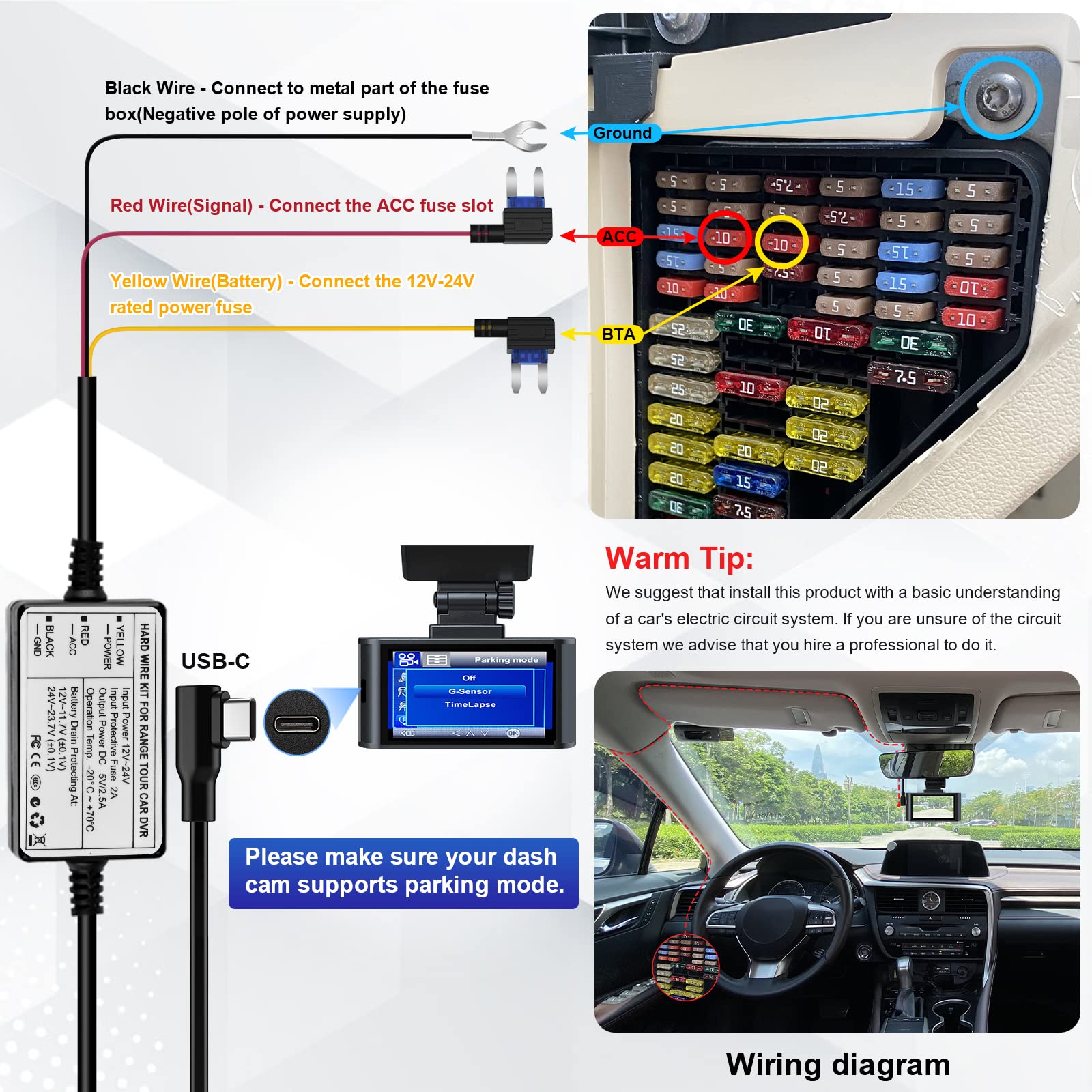 Range Tour Hardwire Kit for Dash Cam, 12V-24V to 5V 2.5A Car Dash Camera Charger Power Cord USB-C Hard Wire Kit Fuse for Dashcam Suitable for Car Truck SUVs, 3-core ACS Mini-Type Fuse Hard Wire Kit