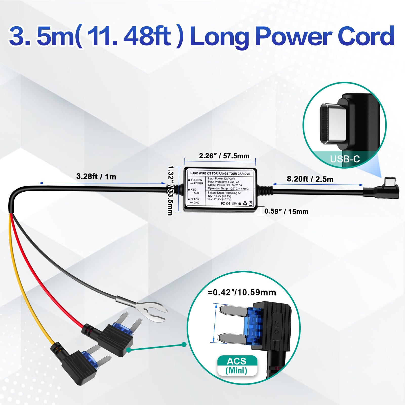 Range Tour Hardwire Kit for Dash Cam, 12V-24V to 5V 2.5A Car Dash Camera Charger Power Cord USB-C Hard Wire Kit Fuse for Dashcam Suitable for Car Truck SUVs, 3-core ACS Mini-Type Fuse Hard Wire Kit