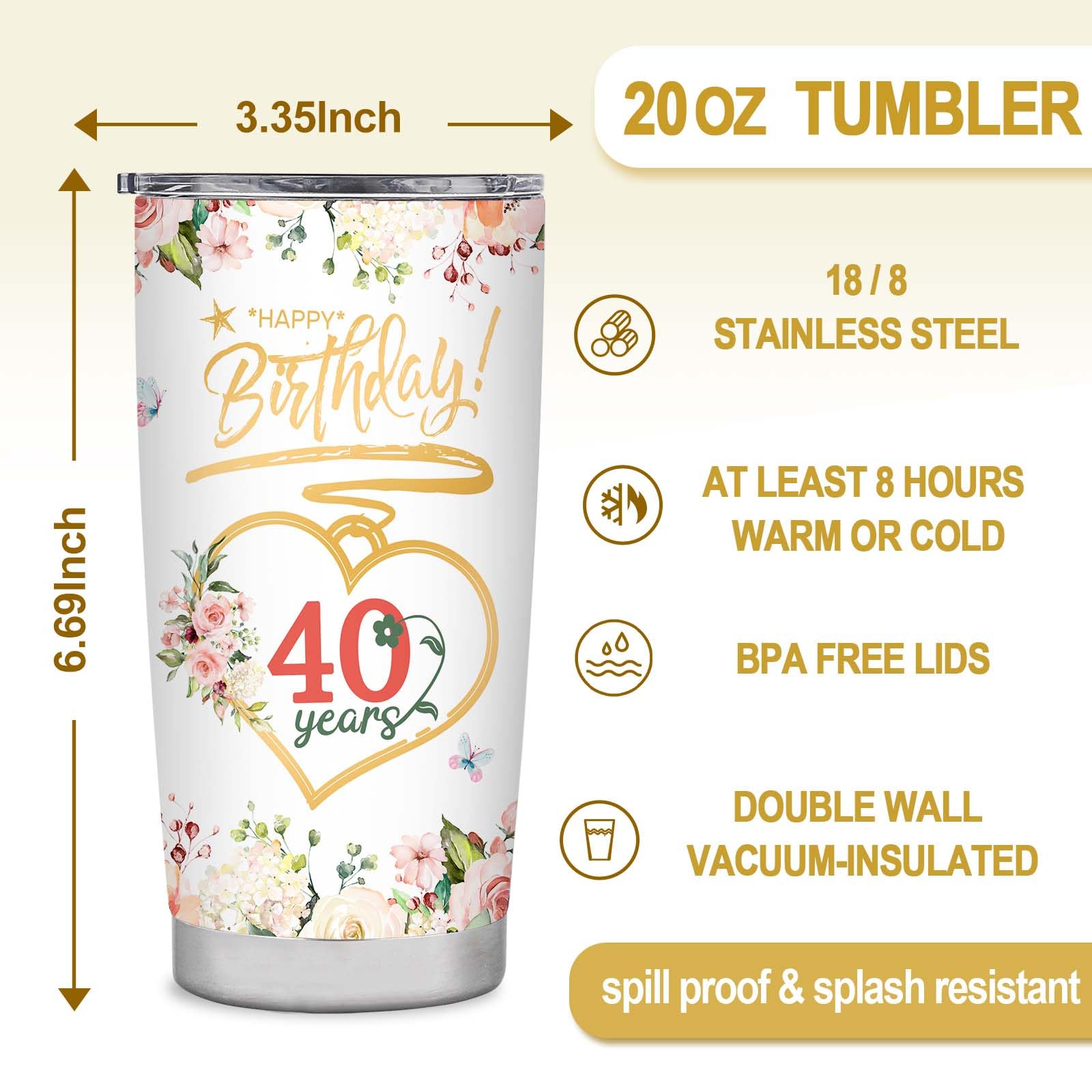 Grawmise 40th Birthday Gifts for Women - 40 & Fabulous Tumbler - 40 Years Old Birthday Gifts Idea for Women - Gifts for Women Besties Friends Sister Coworker Mom Wife Her Turning 40（20oz）