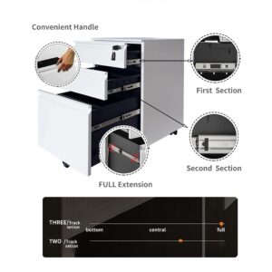 Sanoolir 3-Drawer Mobile File Cabinets Rolling, Vertical Metal Filing Cabinet for Legal & Letter File Anti-tilt Design with Lock Under Desk Office Drawers Fully Assembled (White)