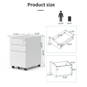 Sanoolir 3-Drawer Mobile File Cabinets Rolling, Vertical Metal Filing Cabinet for Legal & Letter File Anti-tilt Design with Lock Under Desk Office Drawers Fully Assembled (White)