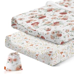 besrey 2 packs changing pad cover for changing pad for baby boy and girls, with a storage bag, soft jersey knit cotton sheet snug fit with buckle holes (flower style)