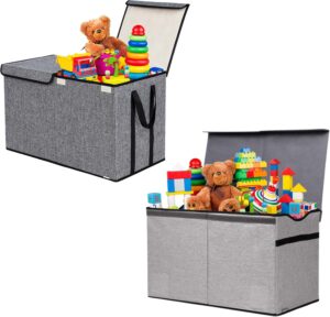 yoloxo 2 pack large kids toy box chest storage organizer with flip-top lid dark grey+thin grey