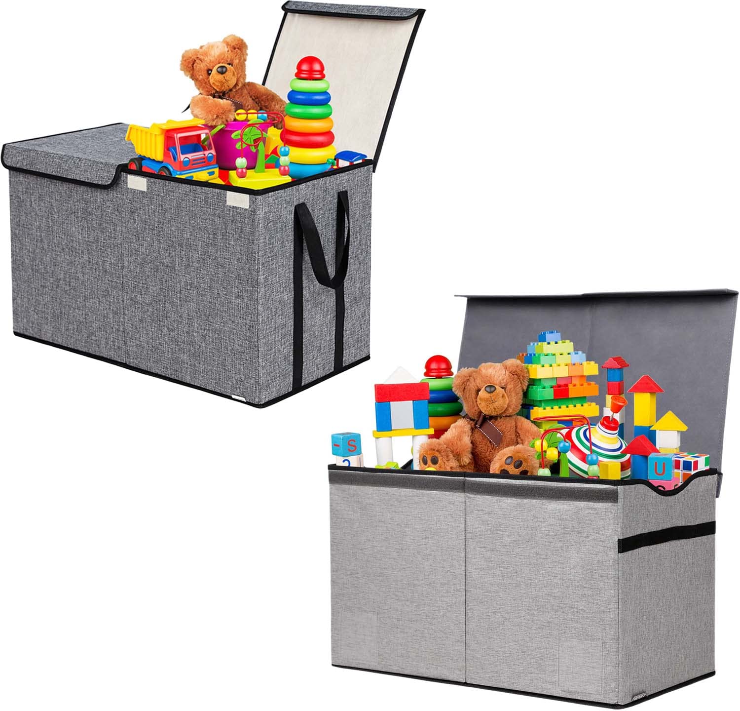 YOLOXO 2 Pack Large Kids Toy Box Chest Storage Organizer with Flip-Top Lid Dark Grey+Thin Grey