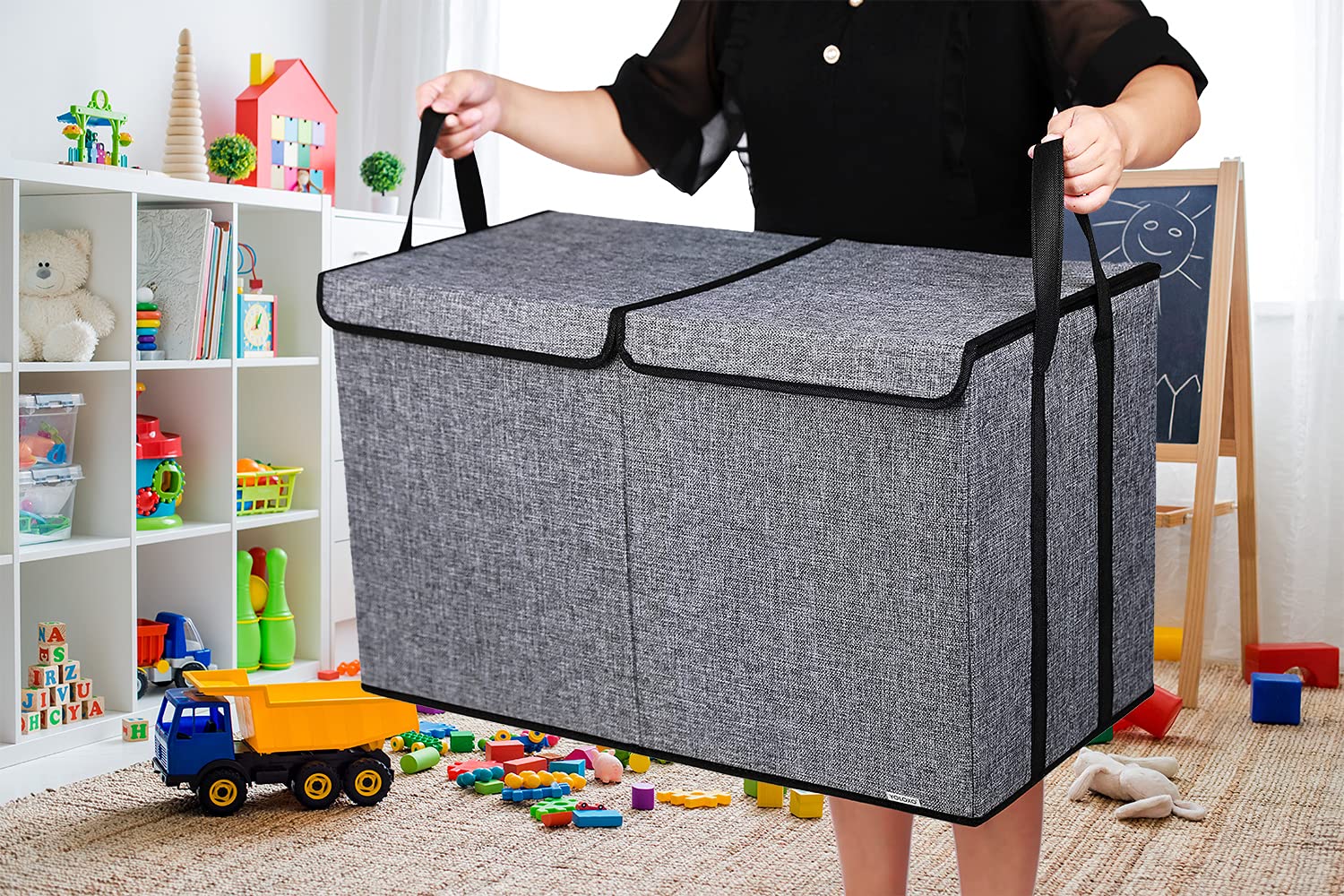 YOLOXO 2 Pack Large Kids Toy Box Chest Storage Organizer with Flip-Top Lid Dark Grey+Thin Grey