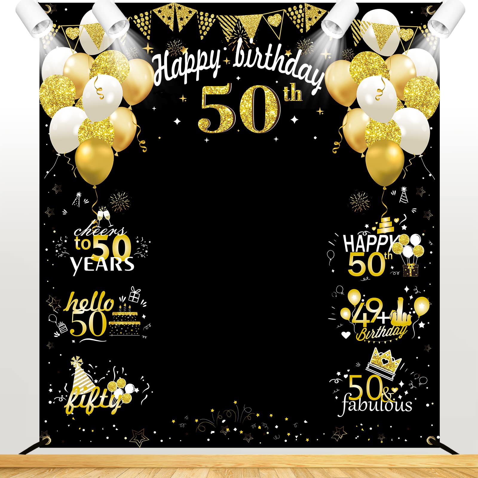 Kircirx 50th Birthday Decorations Large 50 Birthday Banner Photography for Women Men, Black Gold Funny Fifty Years Bday Photo Booth Props Party Supplies for Outdoor Indoor