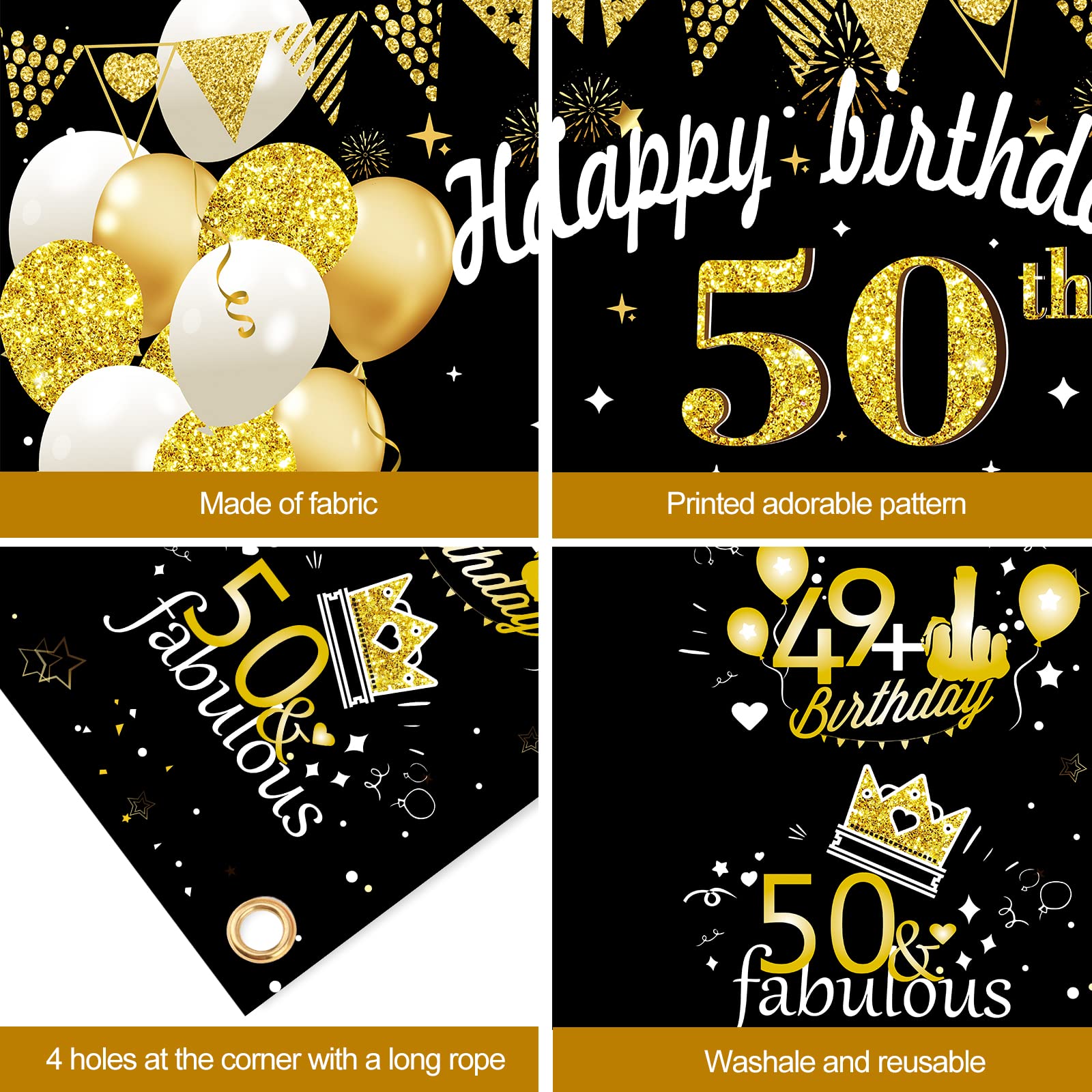 Kircirx 50th Birthday Decorations Large 50 Birthday Banner Photography for Women Men, Black Gold Funny Fifty Years Bday Photo Booth Props Party Supplies for Outdoor Indoor