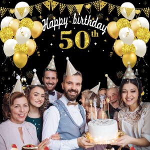 Kircirx 50th Birthday Decorations Large 50 Birthday Banner Photography for Women Men, Black Gold Funny Fifty Years Bday Photo Booth Props Party Supplies for Outdoor Indoor