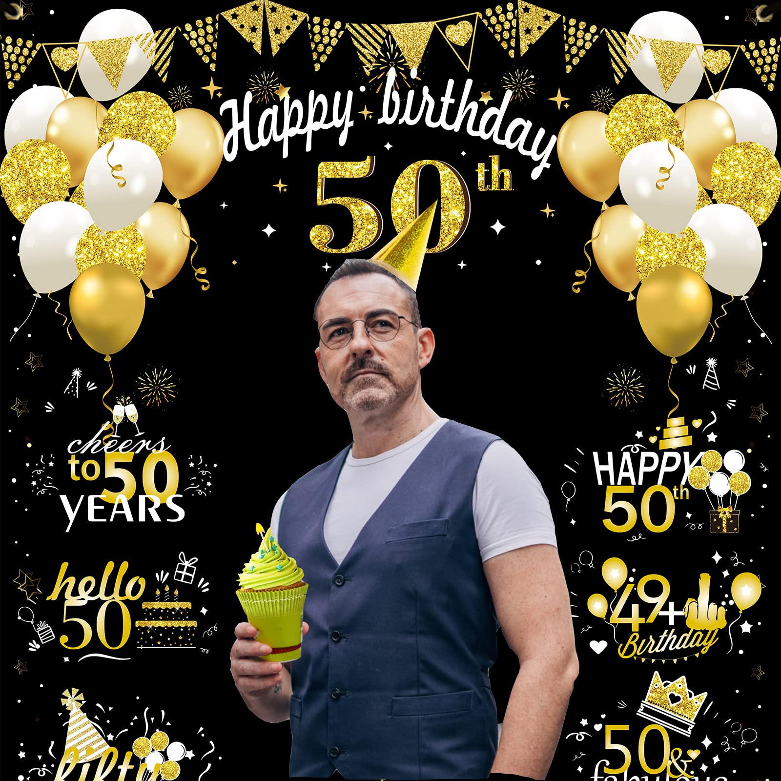 Kircirx 50th Birthday Decorations Large 50 Birthday Banner Photography for Women Men, Black Gold Funny Fifty Years Bday Photo Booth Props Party Supplies for Outdoor Indoor