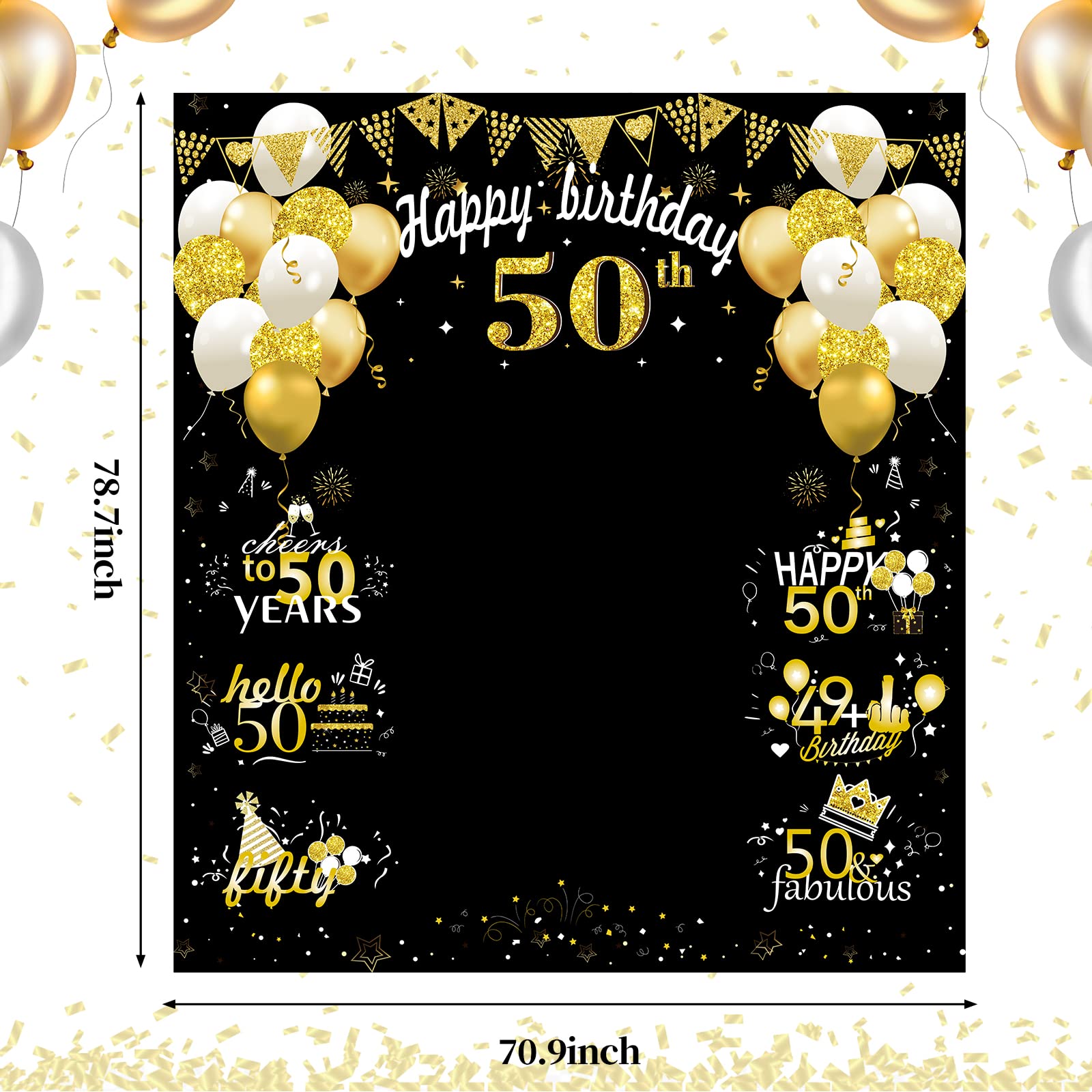 Kircirx 50th Birthday Decorations Large 50 Birthday Banner Photography for Women Men, Black Gold Funny Fifty Years Bday Photo Booth Props Party Supplies for Outdoor Indoor