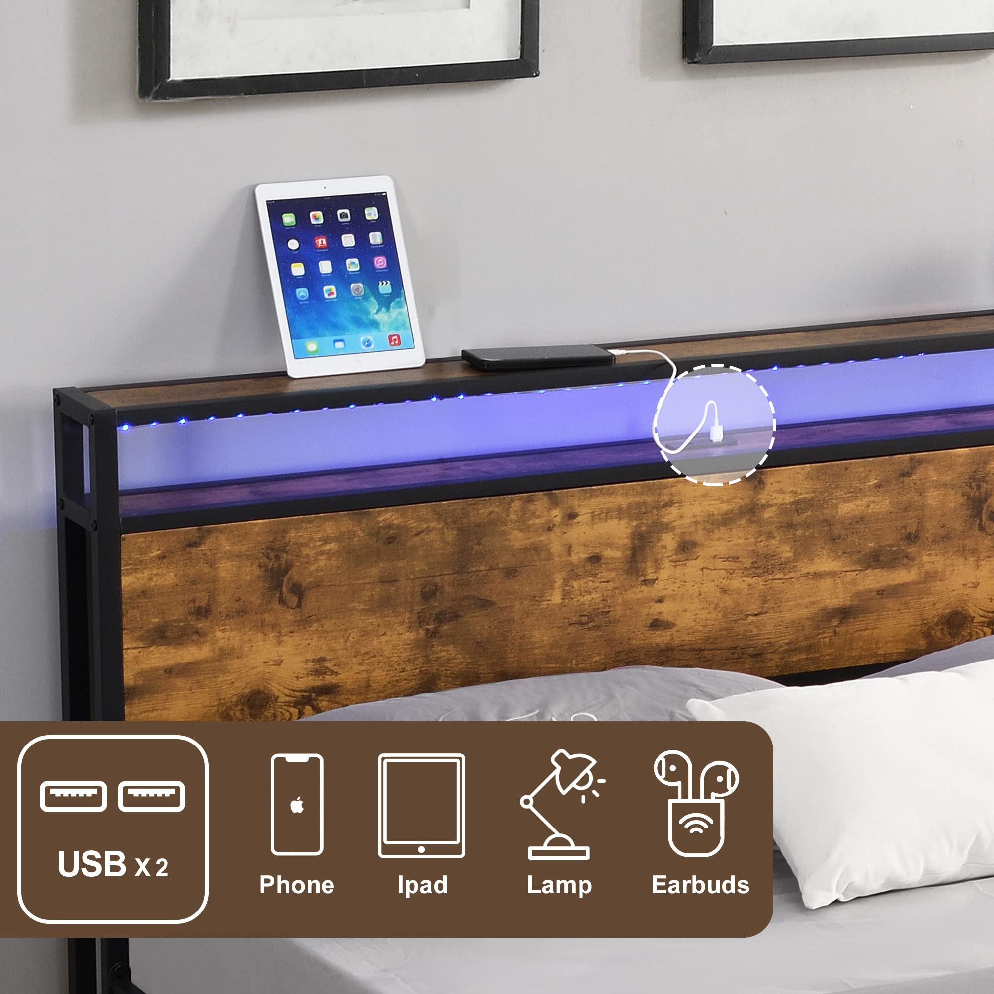 Modern Industrial Bed Frame with LED Lights,2-Tier Storage Headboard with Charging Station,Industrial Metal Platform LED Bed Frame with Outlets and USB Ports,Noise Free,No Box Spring Needed
