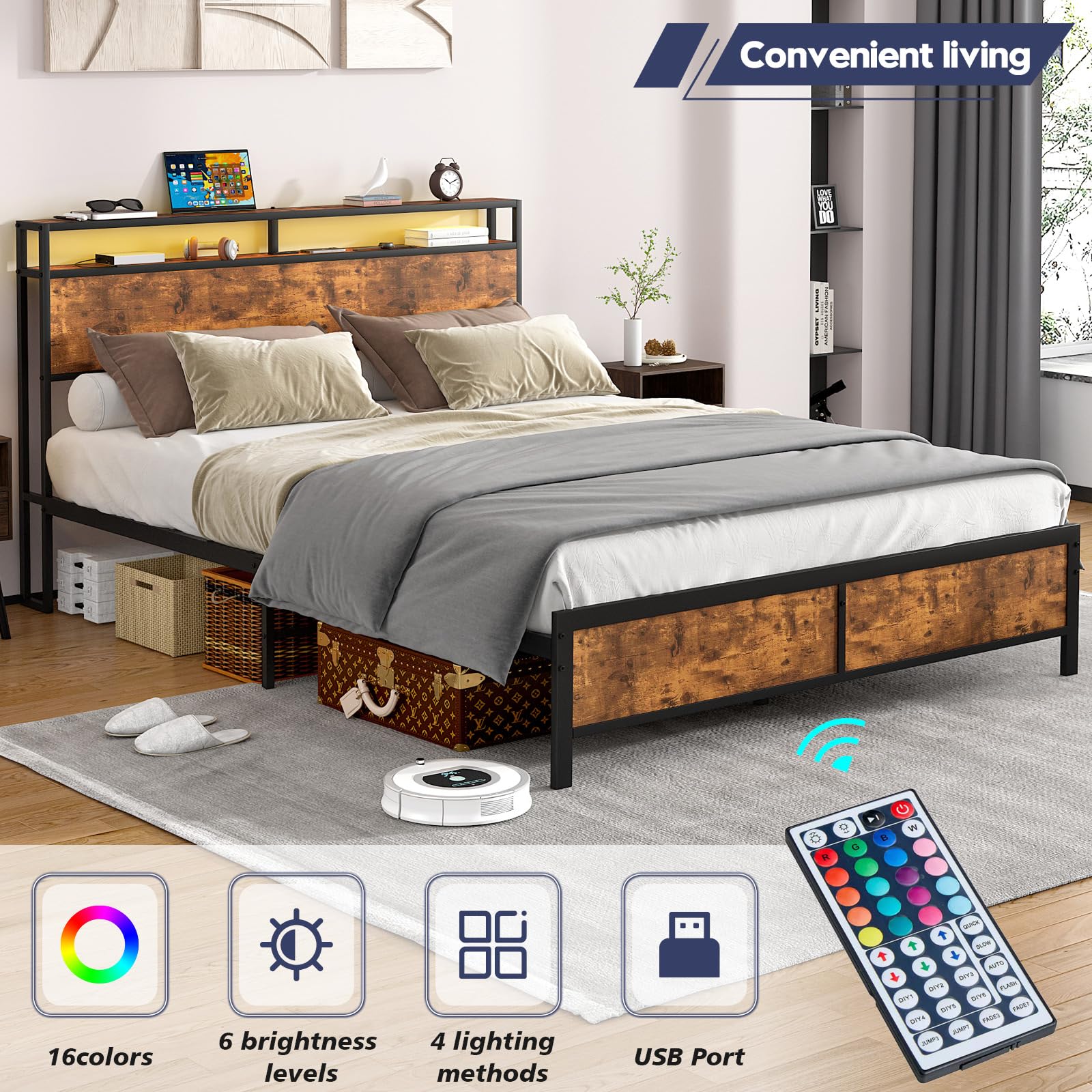 Modern Industrial Bed Frame with LED Lights,2-Tier Storage Headboard with Charging Station,Industrial Metal Platform LED Bed Frame with Outlets and USB Ports,Noise Free,No Box Spring Needed