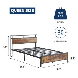 Modern Industrial Bed Frame with LED Lights,2-Tier Storage Headboard with Charging Station,Industrial Metal Platform LED Bed Frame with Outlets and USB Ports,Noise Free,No Box Spring Needed