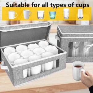 2 Pack China Storage Containers Set, Coffee Mug and Wine Glass Storage Box with Dividers, Cup and Stemware Storage Cases Organizer for 12 Tea Cups & 12 Crystal Glassware Moving and Protection (Grey)