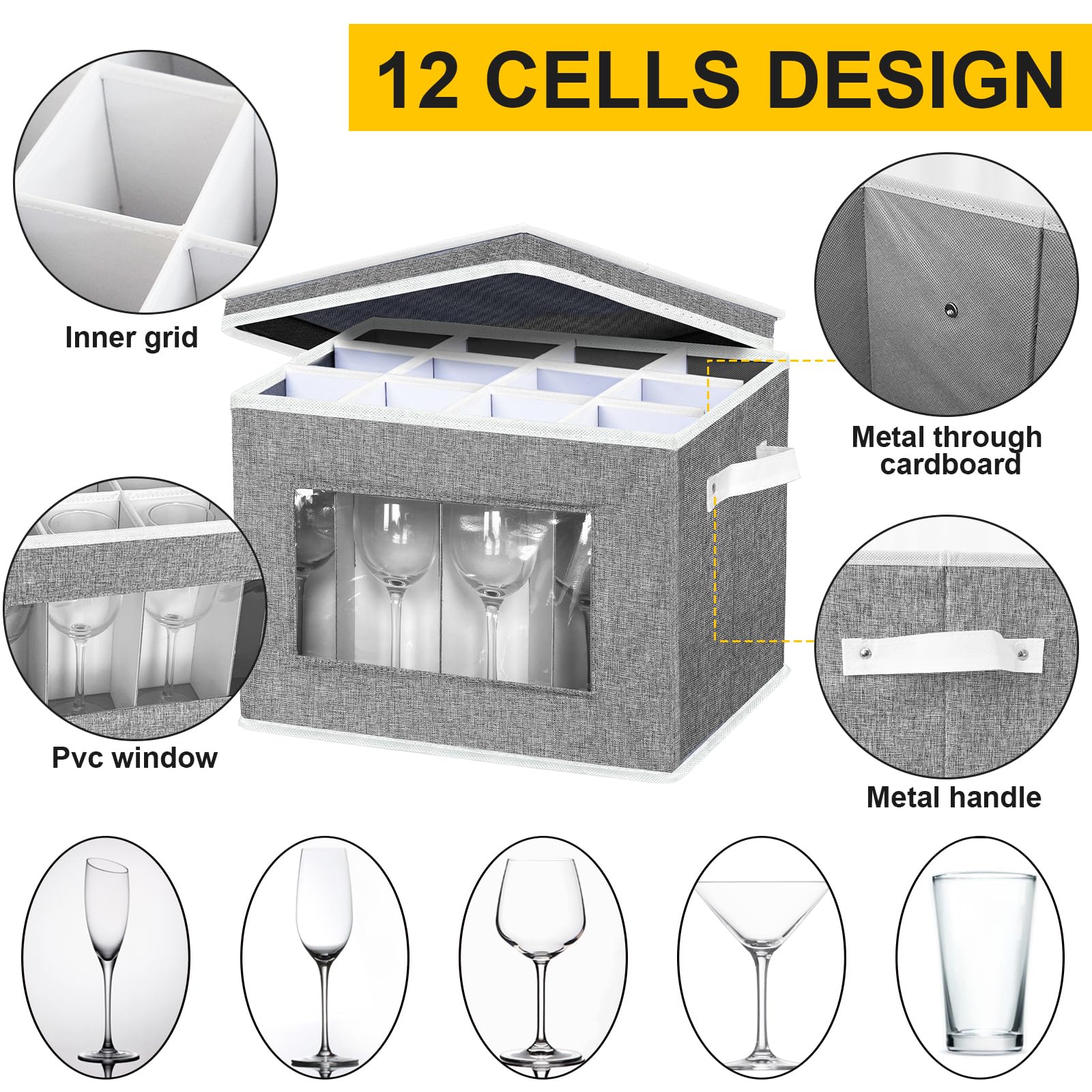 2 Pack China Storage Containers Set, Coffee Mug and Wine Glass Storage Box with Dividers, Cup and Stemware Storage Cases Organizer for 12 Tea Cups & 12 Crystal Glassware Moving and Protection (Grey)