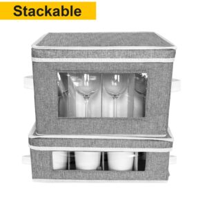 2 Pack China Storage Containers Set, Coffee Mug and Wine Glass Storage Box with Dividers, Cup and Stemware Storage Cases Organizer for 12 Tea Cups & 12 Crystal Glassware Moving and Protection (Grey)