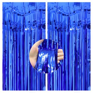 toppot 2 pack 3.3x8.2 ft blue foil fringe curtains backdrop, tinsel curtain backdrop, streamer backdrop for birthday party, graduation and most common holiday party decorations