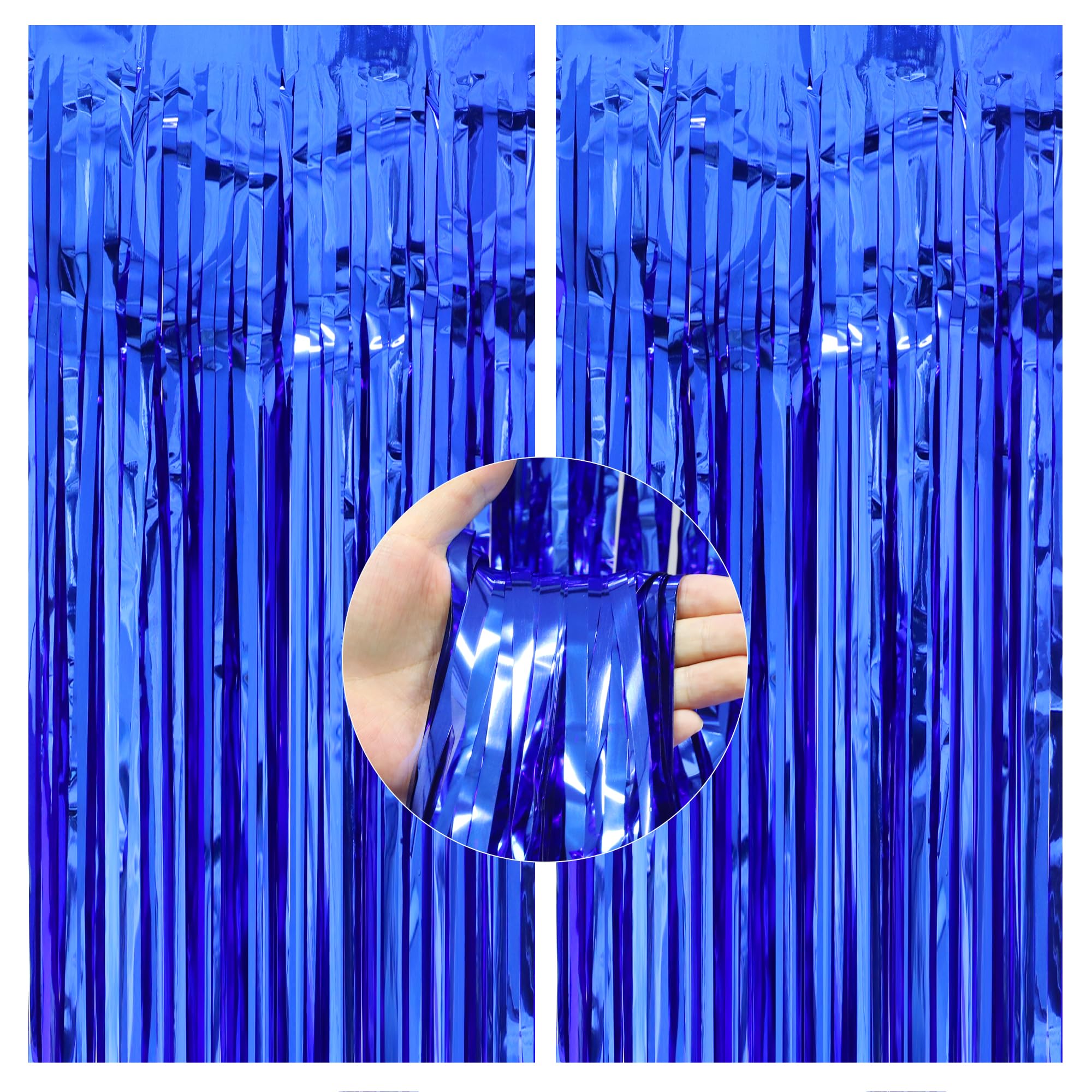 TOPPOT 2 Pack 3.3x8.2 ft Blue Foil Fringe Curtains Backdrop, Tinsel Curtain Backdrop, Streamer Backdrop for Birthday Party, Graduation and Most Common Holiday Party Decorations