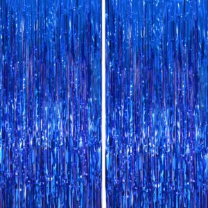 TOPPOT 2 Pack 3.3x8.2 ft Blue Foil Fringe Curtains Backdrop, Tinsel Curtain Backdrop, Streamer Backdrop for Birthday Party, Graduation and Most Common Holiday Party Decorations