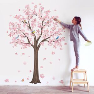 decalmile large pink blossom tree wall decals flower birds branch wall stickers living room bedroom baby nursery wall decor（h:128cm/50 inches）