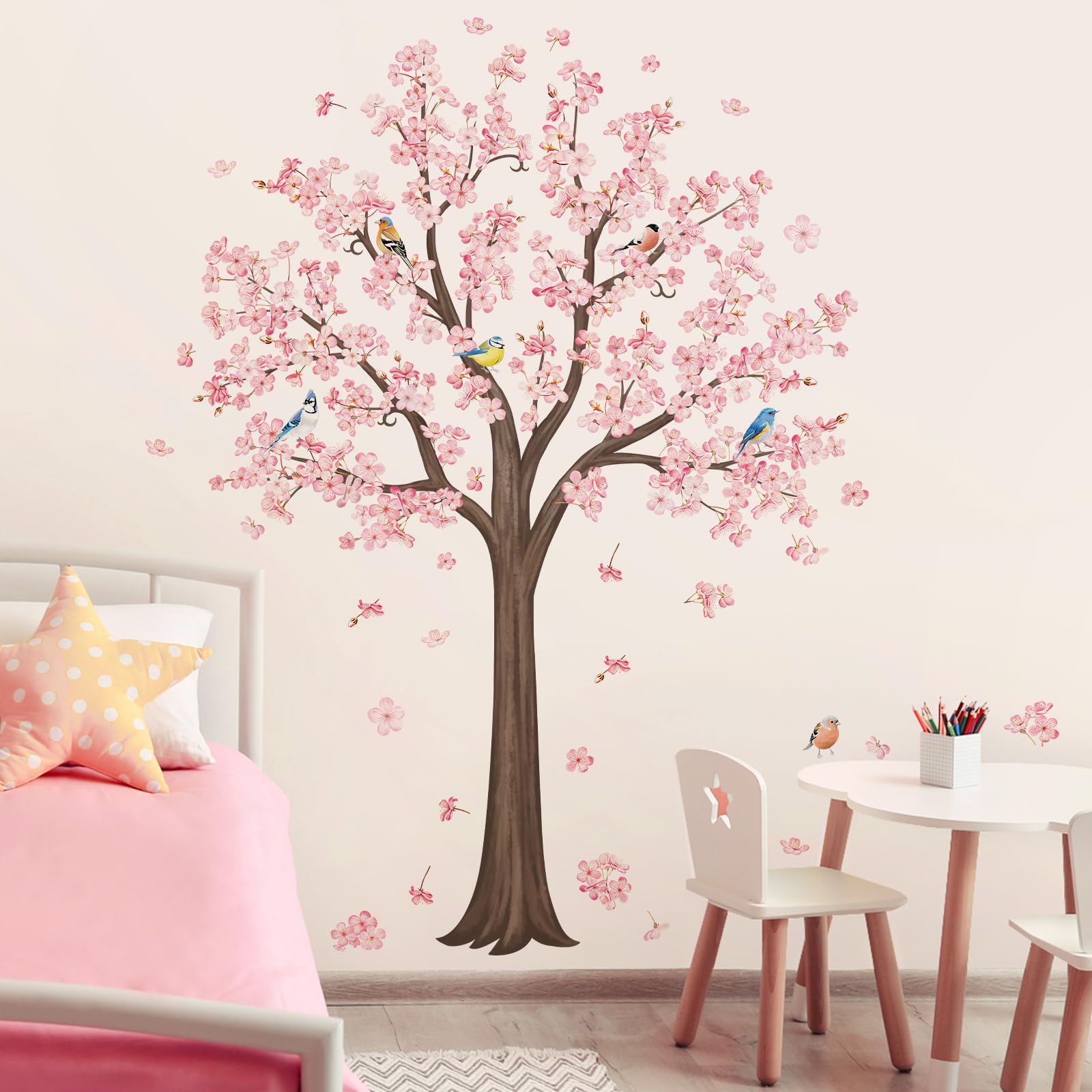 decalmile Large Pink Blossom Tree Wall Decals Flower Birds Branch Wall Stickers Living Room Bedroom Baby Nursery Wall Decor（H:128cm/50 Inches）