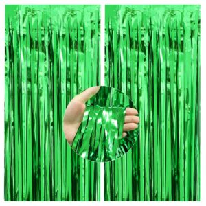 2 pack 3.3x8.2 ft green foil fringe curtains backdrop, tinsel curtain backdrop, streamer backdrop for birthday party, graduation and most common holiday party decorations. by toppot