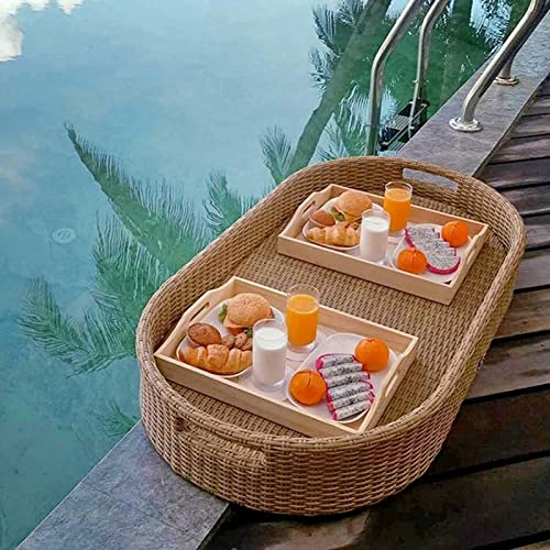 Rattan Woven Serving Tray Food Tray with Handles Luxury Floating Serving Tray Table Swimming Pool Floating Tray for Pool Serving for Wedding Photography Photo Shoot (Color : Khaki)