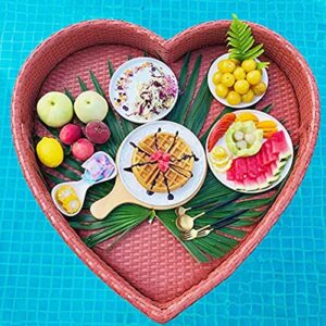 heart-shaped rattan serving tray with handles stylish farmhouse decor tray for coffee table,tylish breakfast tray on the water,for pool serving drinks,brunch,food on the water (color : rojo)