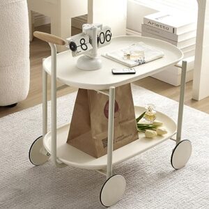 GGW Rolling Cart with Handle, 2-Tier Small Bar Cart, Serving Cart with Wheels, Drink Cart with Steel Frame, Mobile Sofa Side Table with Trays for Home, White