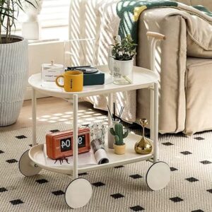 GGW Rolling Cart with Handle, 2-Tier Small Bar Cart, Serving Cart with Wheels, Drink Cart with Steel Frame, Mobile Sofa Side Table with Trays for Home, White