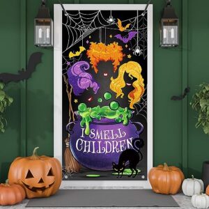 deroro halloween i smell children door cover decorations, sanderson sisters witches hocus pocus front door banner background, spider web bats black cat holiday indoor outdoor home decor 3 x 6 ft