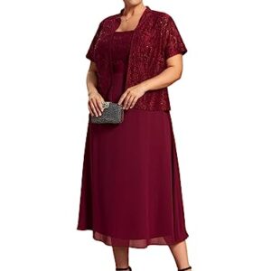 Ever-Pretty Plus Women's Curve Square Neck Lace Cardigan Chiffon Knee Length Plus Size Evening Dress Burgundy US22